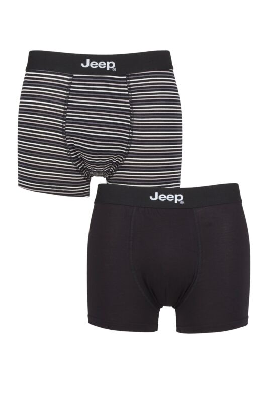 Mens 2 Pack Jeep Plain and Fine Striped Fitted Bamboo Trunks Black / Stripe Large