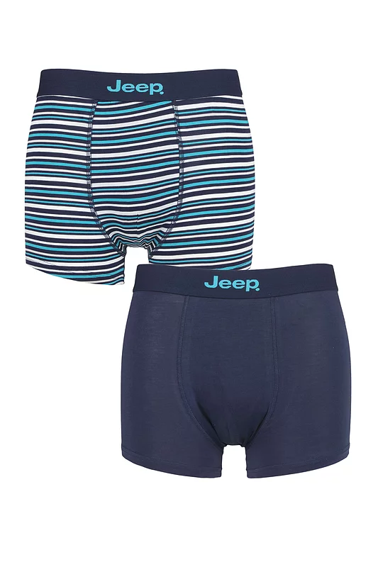 Mens 2 Pack Jeep Plain and Fine Striped Fitted Bamboo Trunks Navy / Turquoise Extra Large
