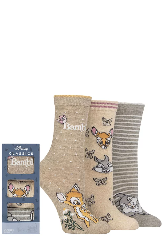 Women's 3 Pair Disney Classics Bambi Gift Boxed Cotton Socks Multi 4-8