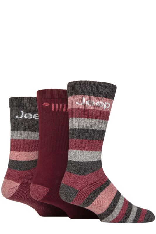 Mens 3 Pair Jeep Cotton Rich Cushioned Boot Socks Berry / Charcoal 6-11