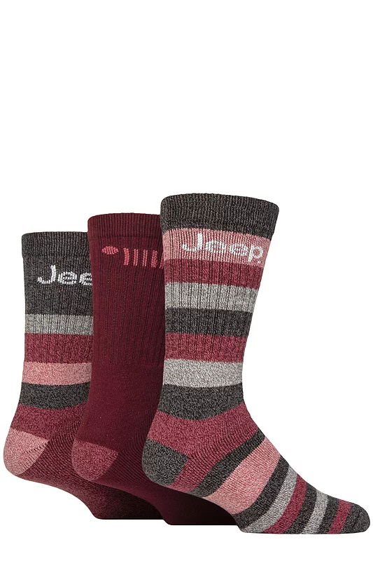 Mens 3 Pair Jeep Cotton Rich Cushioned Boot Socks Berry / Charcoal 6-11
