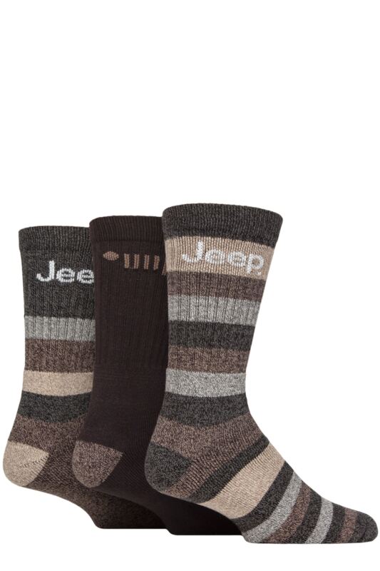 Mens 3 Pair Jeep Cotton Rich Cushioned Boot Socks Brown / Earth 6-11