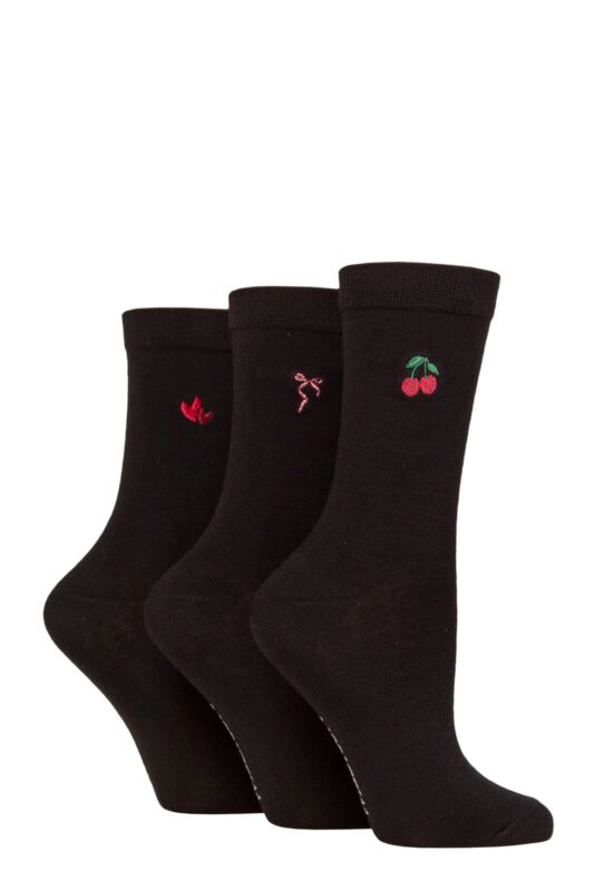 Women's 3 Pair SOCKSHOP Wildfeet Bamboo Embroidered Crew Socks