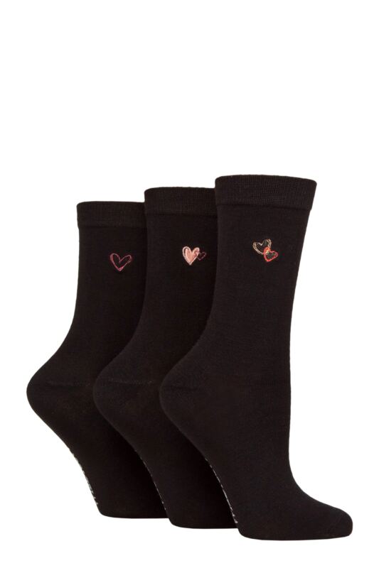 Women's 3 Pair SOCKSHOP Wildfeet Bamboo Embroidered Crew Socks