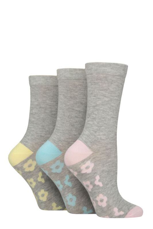 Women's 3 Pair SOCKSHOP Wildfeet Patterned Bamboo Socks Floral Light Grey 4-8