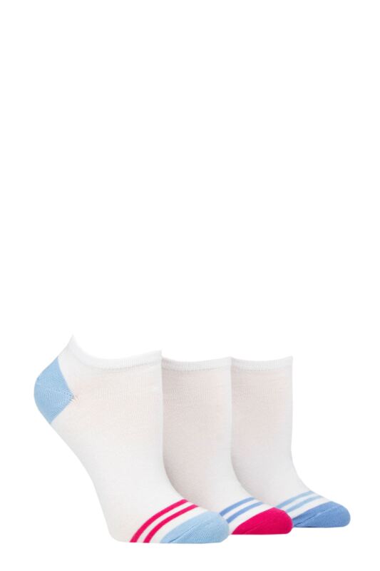 Women's 3 Pair Wildfeet Plain, Patterned and Contrast Heel Bamboo Trainer Socks White Heel and Toe Stripes 4-8 Ladies