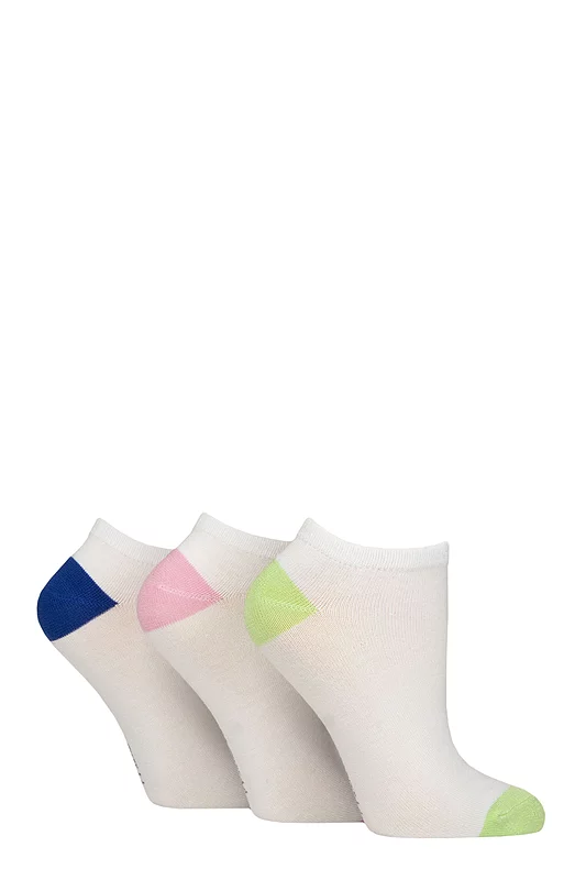 Women's 3 Pair Wildfeet Plain, Patterned and Contrast Heel Bamboo Trainer Socks White Heel and Toe Lime / Pink / Blue 4-8