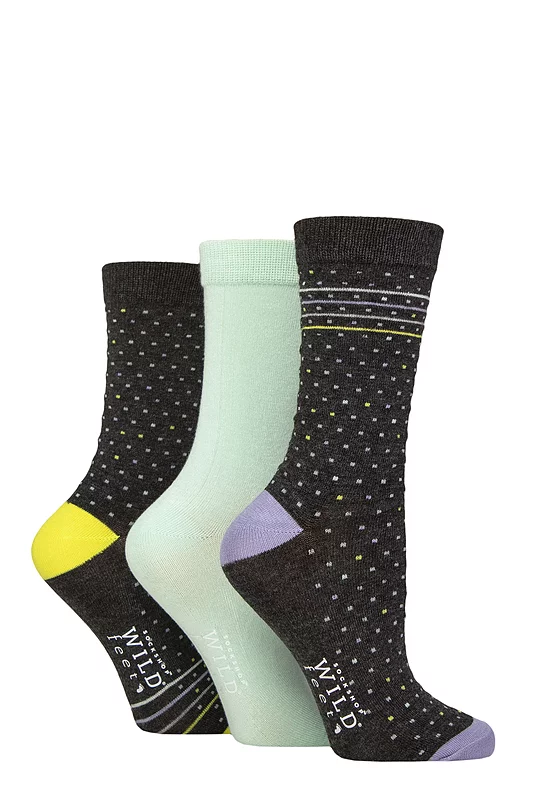 Women's 3 Pair SOCKSHOP Wildfeet Patterned Bamboo Socks Spotty Charcoal 4-8