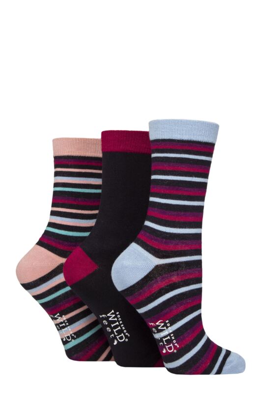 Women's 3 Pair SOCKSHOP Wildfeet Patterned Bamboo Socks Multi Stripes Navy 4-8
