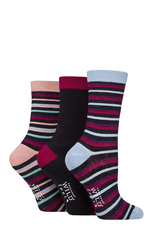 Women's 3 Pair SOCKSHOP Wildfeet Patterned Bamboo Socks Multi Stripes Navy 4-8