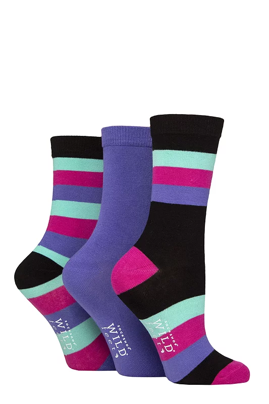 Women's 3 Pair SOCKSHOP Wildfeet Patterned Bamboo Socks Block Stripe Black 4-8