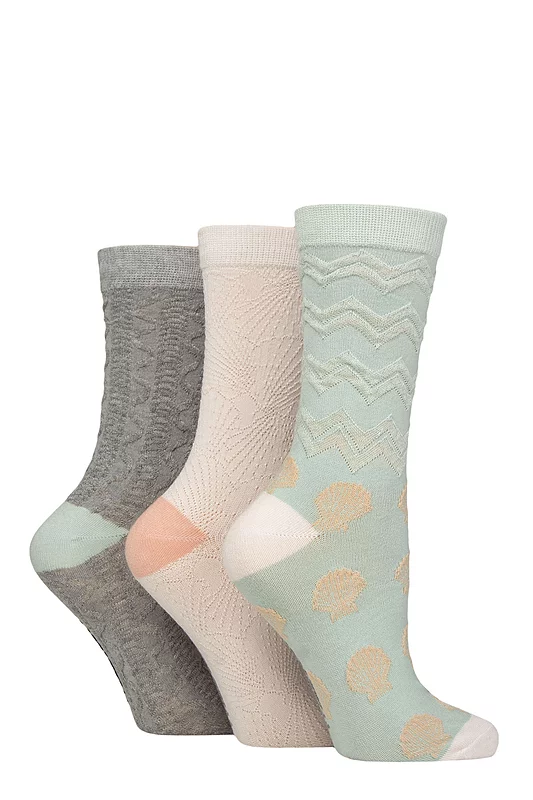 Women's 3 Pair SOCKSHOP Wildfeet Textured Bamboo Socks Mint / Coral / Grey 4-8