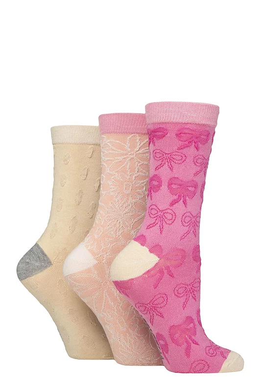 Women's 3 Pair SOCKSHOP Wildfeet Textured Bamboo Socks Pink / Cream 4-8