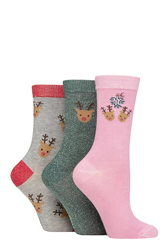 Women's 3 Pair SOCKSHOP Wildfeet Christmas Sparkle Patterned Bamboo Socks Reindeers 4-8