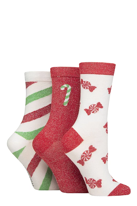 Women's 3 Pair SOCKSHOP Wildfeet Christmas Sparkle Patterned Bamboo Socks Candy 4-8
