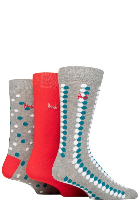 Mens 3 Pair Pringle Cotton and Recycled Polyester Patterned Socks Spotted Lines Light Grey 7-11 Mens