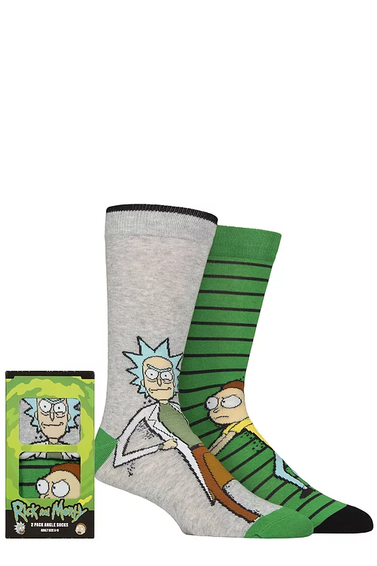Mens 2 Pair SOCKSHOP Rick and Morty Gift Boxed Cotton Socks Multi 6-11 Mens