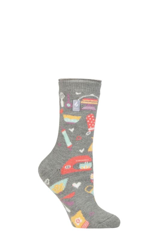 Women's 1 Pair SOCKSHOP Heat Holders 1.6 TOG Lite Hobby Socks Love to Bake Mid Grey 4-8