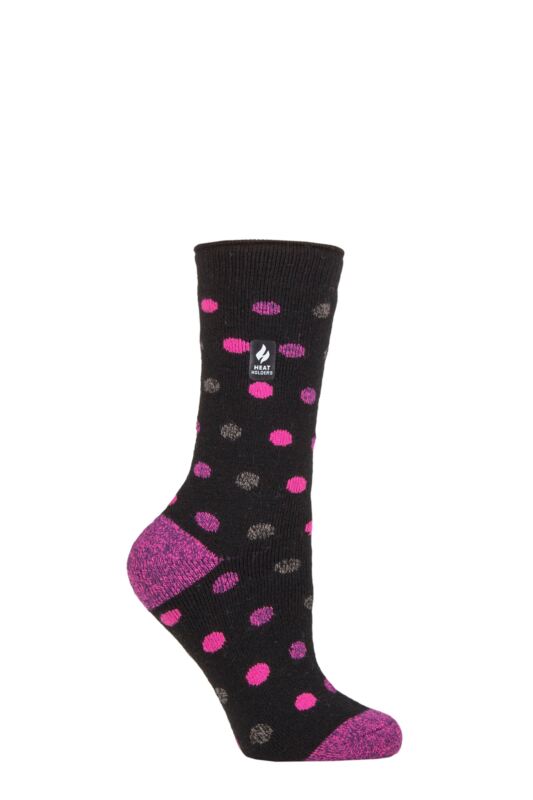 Women's 1 Pair SOCKSHOP Heat Holders 1.6 TOG Lite Patterned and Striped Socks Malaga Dots Black / Berry 4-8 Ladies