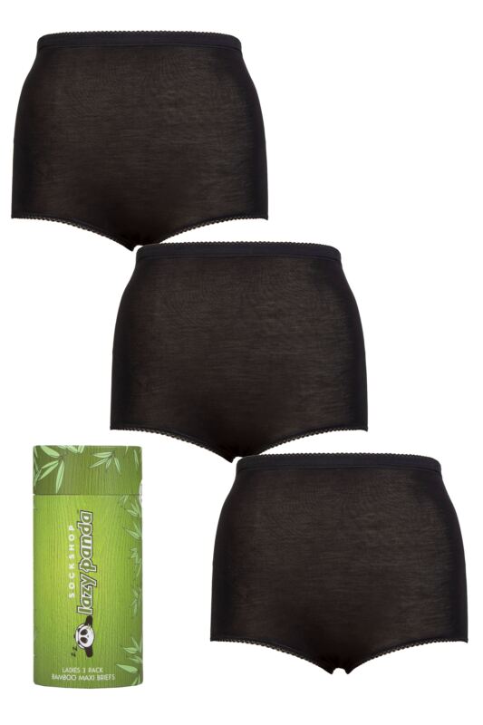 Women's 3 Pair SOCKSHOP Lazy Panda Bamboo Maxi Briefs Black 32