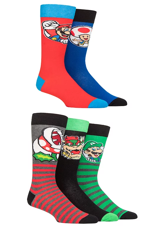 Mens Women's and Kids SOCKSHOP 5 Pair Super Mario Character Cotton Socks