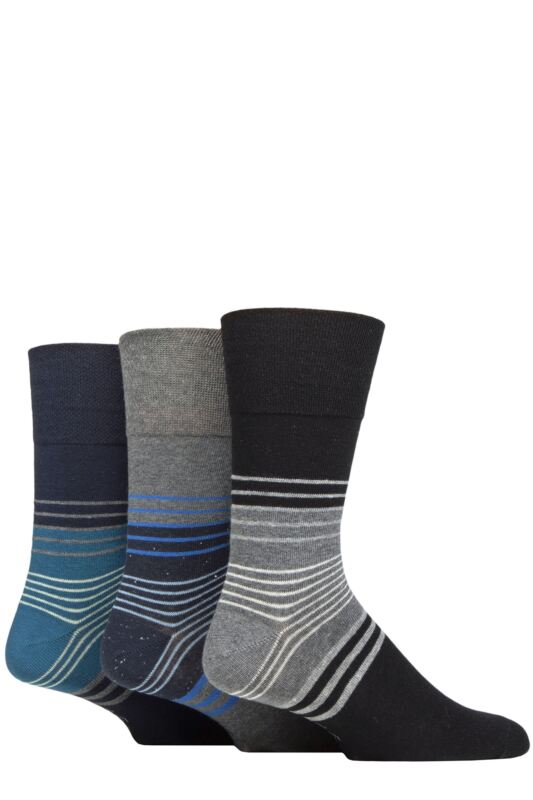 Mens 3 Pair Gentle Grip Cotton Argyle Patterned and Striped Socks