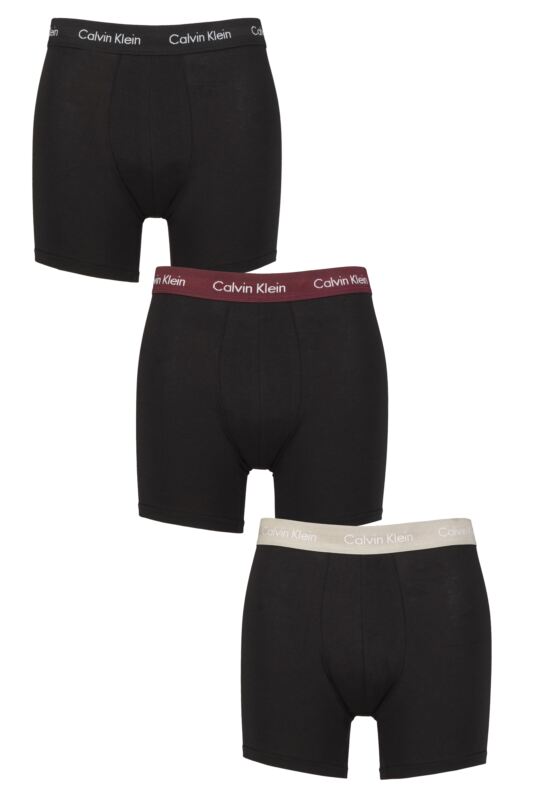 Mens 3 Pack Calvin Klein Cotton Stretch Longer Leg Trunks Black / Tawny / Porpoise XS