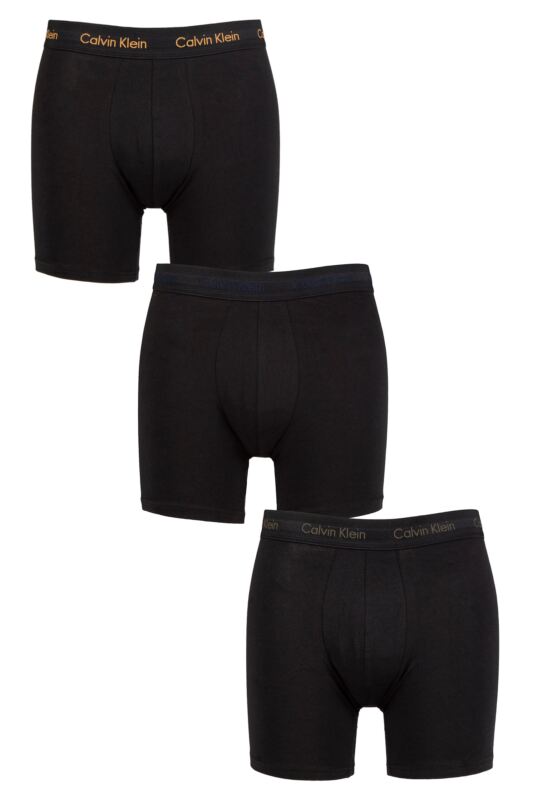 Mens 3 Pack Calvin Klein Cotton Stretch Longer Leg Trunks Black / Blue Shadow S