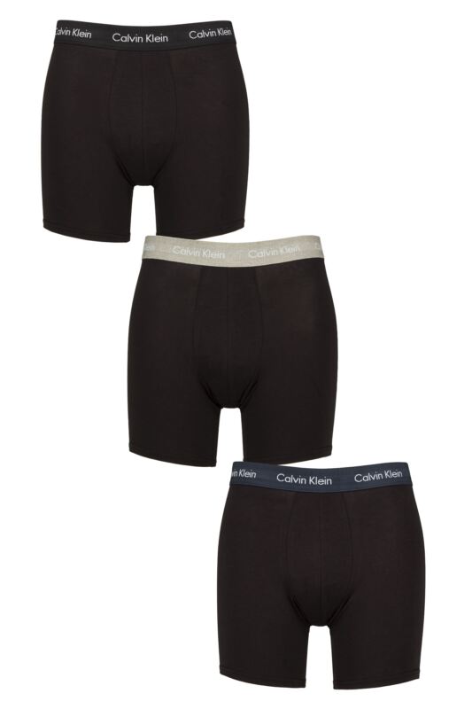 Mens 3 Pack Calvin Klein Cotton Stretch Longer Leg Trunks Black / Grey Heath / Navy Stone XS