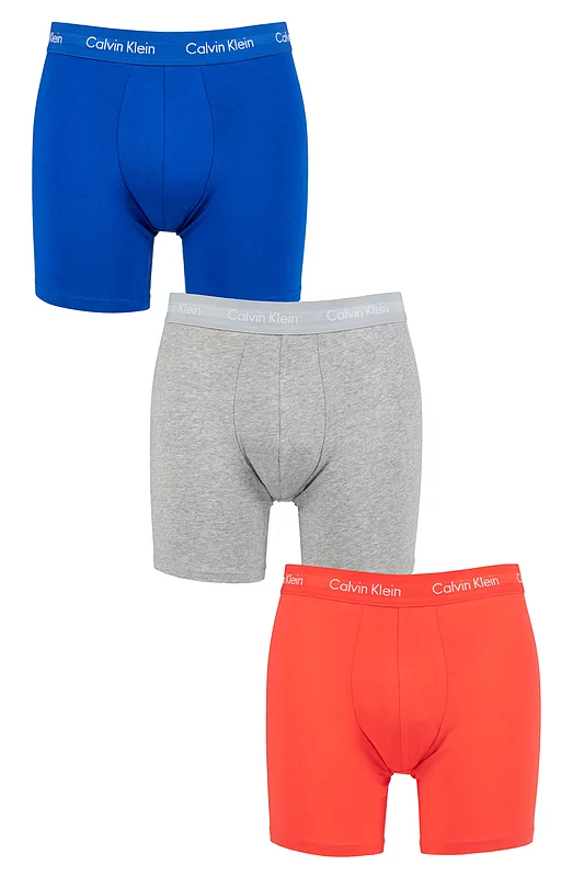 Mens 3 Pack Calvin Klein Cotton Stretch Longer Leg Trunks Royalty / Grey / Coral S