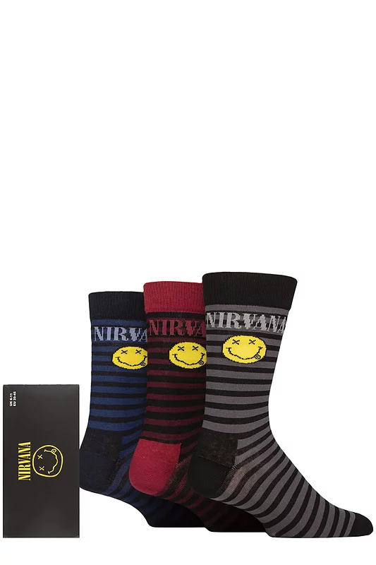 SOCKSHOP Music Collection 3 Pair Nirvana Gift Boxed Cotton Socks Smiley Stripes One Size