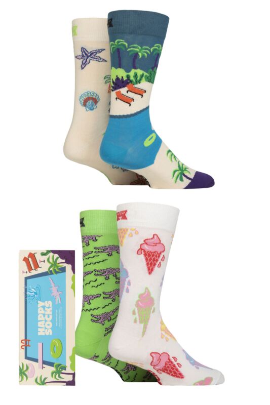 Mens and Women's 4 Pair Happy Socks Pool Party Gift Boxed Socks