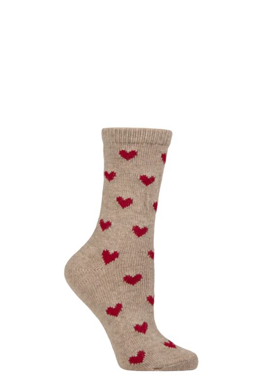 Women's 1 Pair SOCKSHOP Wildfeet Cashmere and Wool Blend Socks Beige Hearts 4-8