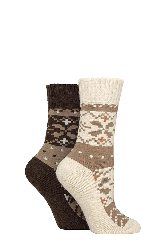 Women's 2 Pair SOCKSHOP Wildfeet Wool Blend Thermal Socks Coffee Fairisle 4-8