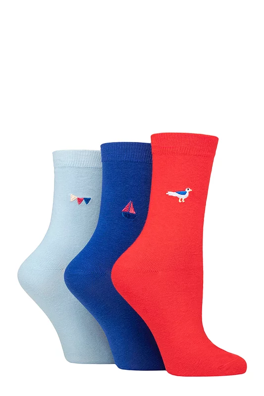 Women's 3 Pair SOCKSHOP Wildfeet Embroidered Socks Bird / Boat / Flags 4-8 Ladies