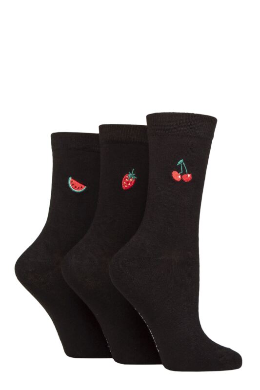 Women's 3 Pair SOCKSHOP Wildfeet Bamboo Embroidered Crew Socks