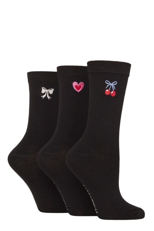Women's 3 Pair SOCKSHOP Wildfeet Bamboo Embroidered Crew Socks
