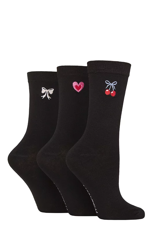 Women's 3 Pair SOCKSHOP Wildfeet Bamboo Embroidered Crew Socks Cherry Bow 4-8