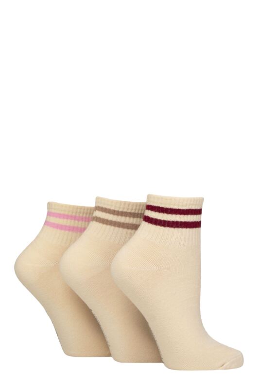 Women's 3 Pair SOCKSHOP Wildfeet Plain Mid Cut Ribbed Crew Socks Cream Stripe 4-8