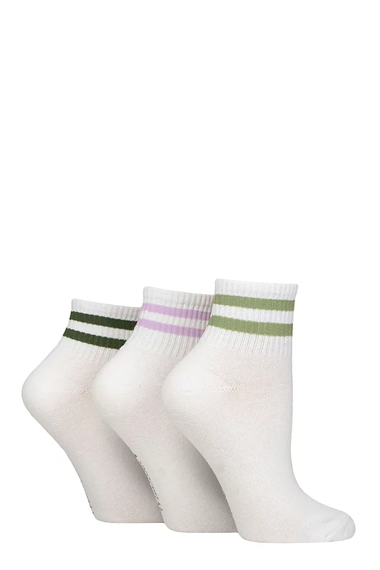 Women's 3 Pair SOCKSHOP Wildfeet Plain Mid Cut Ribbed Crew Socks White / Green 4-8