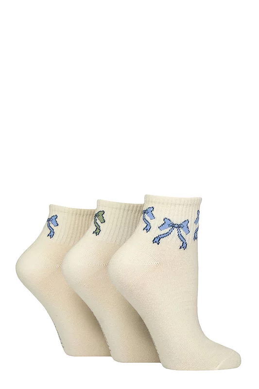 Women's 3 Pair SOCKSHOP Wildfeet Plain Mid Cut Ribbed Crew Socks Lilac Bows 4-8