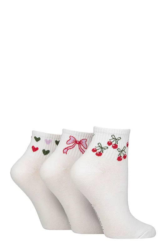 Women's 3 Pair SOCKSHOP Wildfeet Plain Mid Cut Ribbed Crew Socks Cherry Bow 4-8