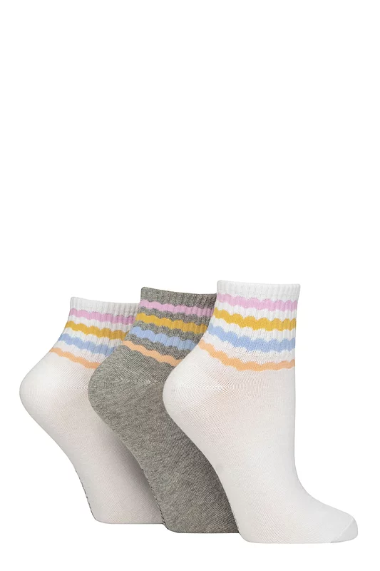 Women's 3 Pair SOCKSHOP Wildfeet Plain Mid Cut Ribbed Crew Socks White Multi Stripe 4-8