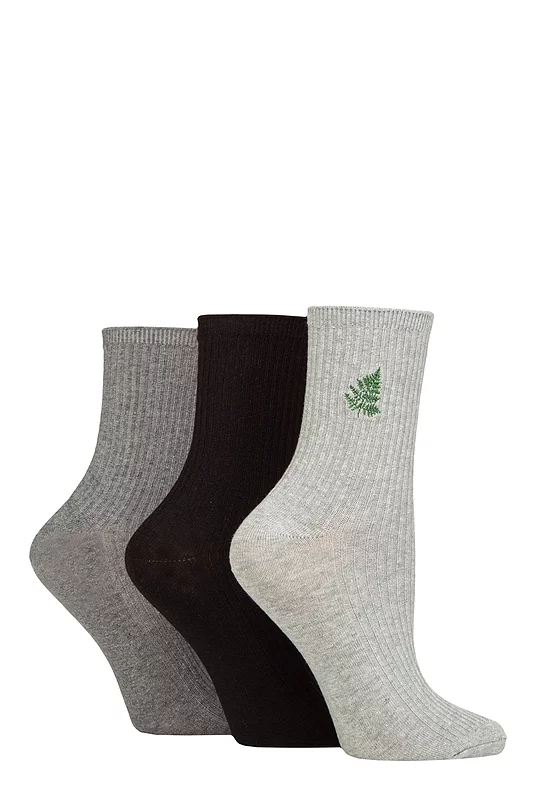 Women's 3 Pair SOCKSHOP Wildfeet Embroidered Ribbed Socks Grey / Black / Charcoal Leaf 4-8 UK