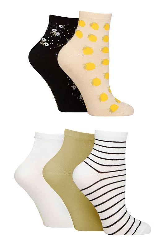 Women's 5 Pair SOCKSHOP Plain and Patterned Bamboo Anklet Socks Patterned Sicilian Lemon 4-8