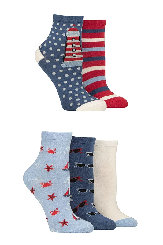 Women's 5 Pair SOCKSHOP Plain and Patterned Bamboo Anklet Socks Patterned Nautical 4-8