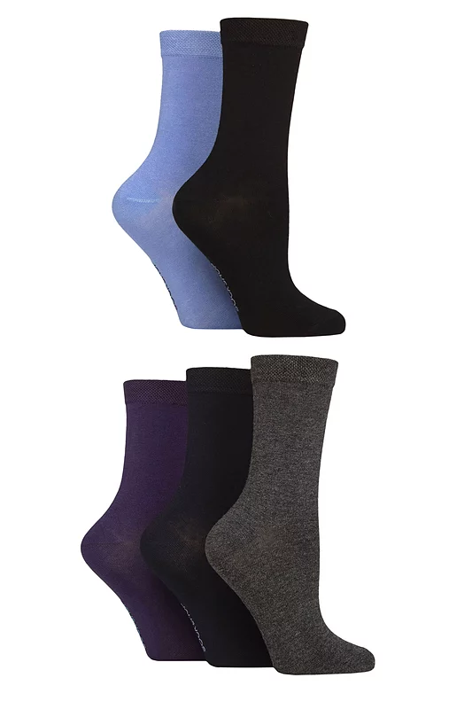 Women's 5 Pair SOCKSHOP Plain, Patterned and Striped Bamboo Socks Plain Black / Navy / Grey 4-8