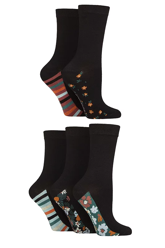 Women's 5 Pair SOCKSHOP Plain, Patterned and Striped Bamboo Socks Patterned Sole Floral 4-8