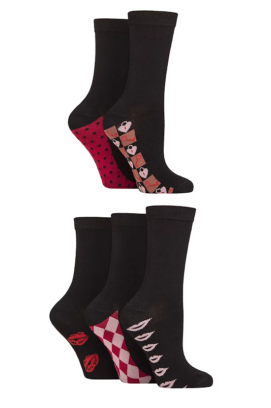 Women's 5 Pair SOCKSHOP Plain, Patterned and Striped Bamboo Socks Patterned Sole Locked in Love 4-8