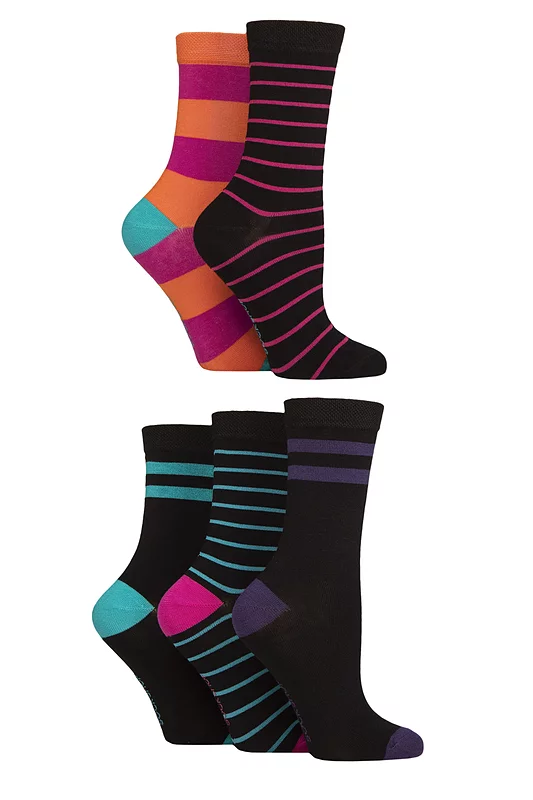 Women's 5 Pair SOCKSHOP Plain, Patterned and Striped Bamboo Socks Stripe Bright 4-8
